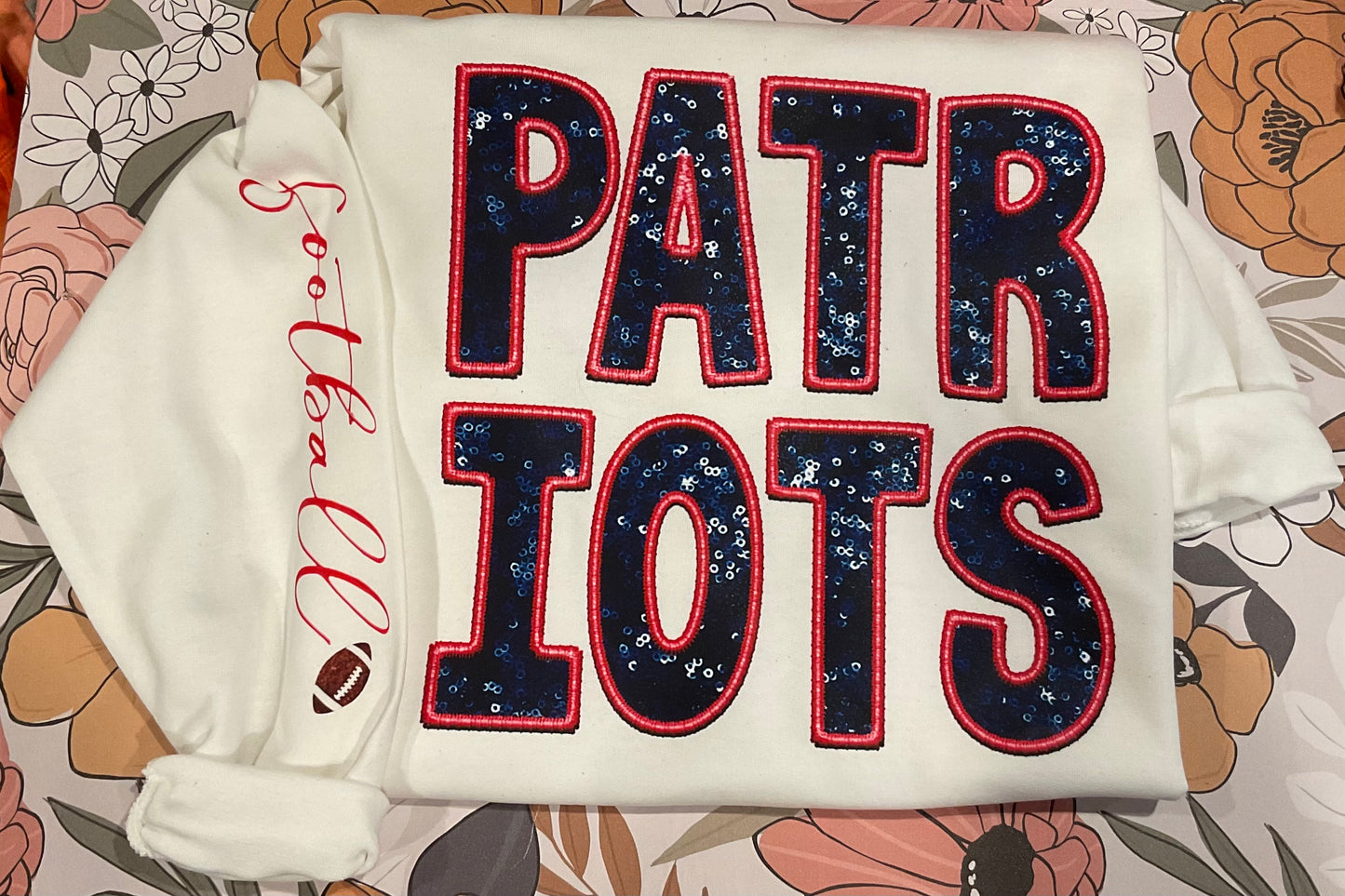 Patriots Faux Embroidery Sequin Football Crew