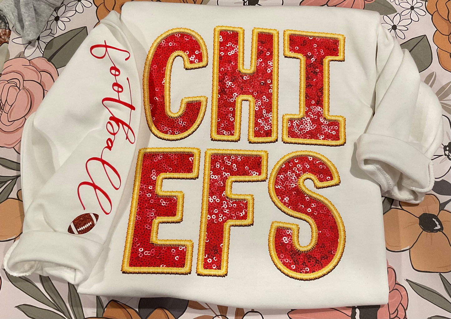 Chiefs Faux Embroidery Sequin Football Crew